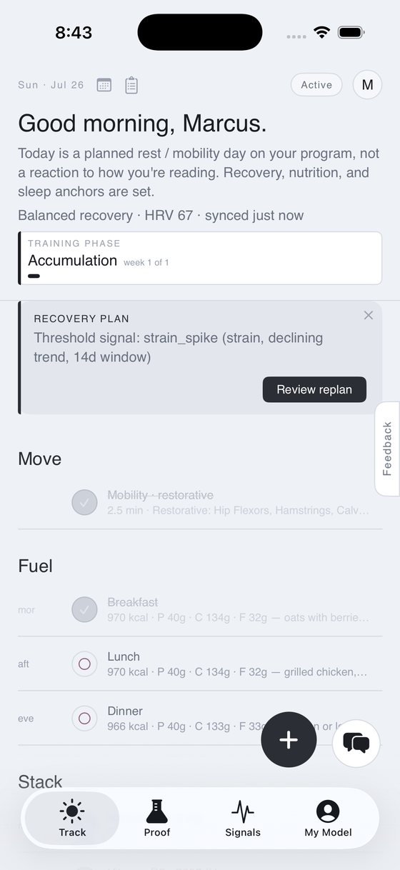 The Today view: a rest / mobility day laid out with recovery, fuel, and stack anchors.